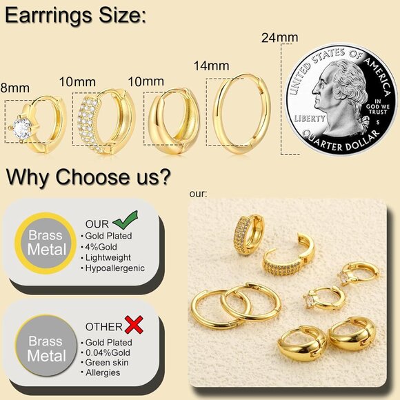 14K Gold Plated Lightweight Earrings Sets for Multiple Piercing Women Hoops - Picture 5 of 9
